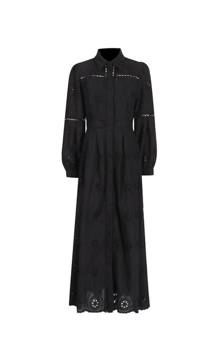 retro single-breasted hollow lace midi dress in black