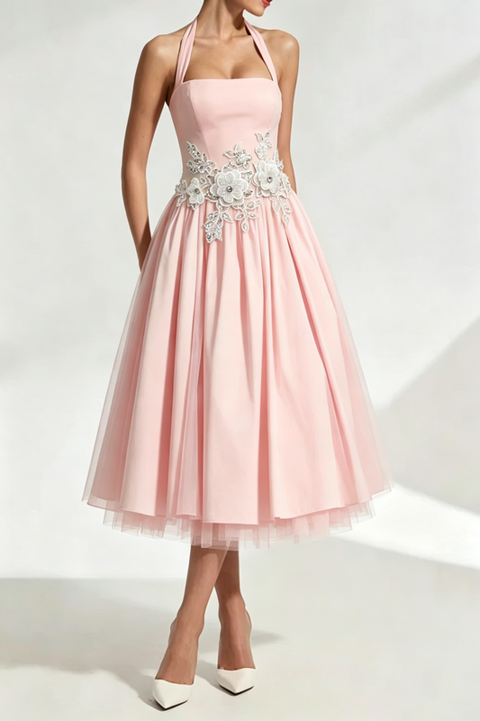Lace Embroidery Cressida backless puffy Midi Dress - Blush