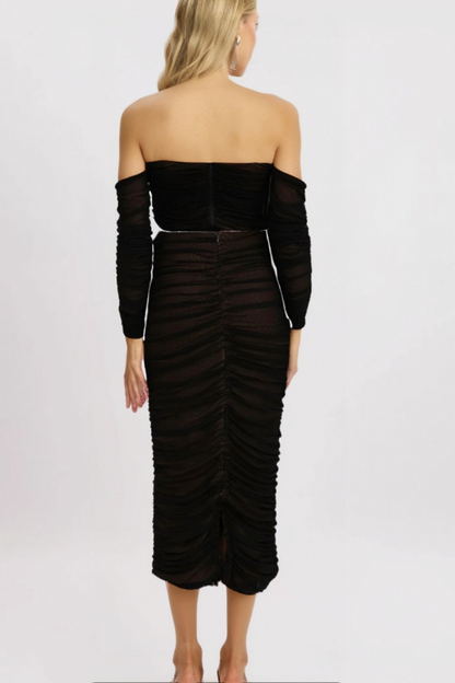 Gwenonwy black ruched mesh top & skirt matching set