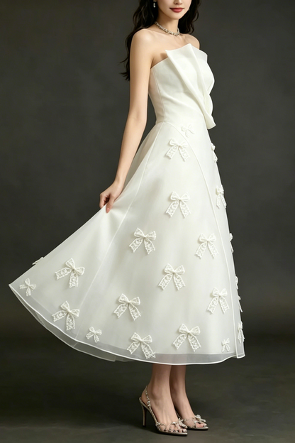 Draped Strapless Lace Bow Organza Mid Dress