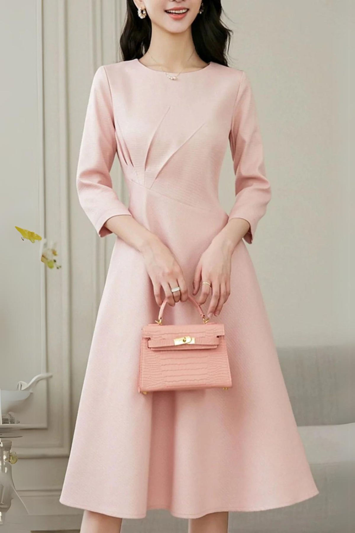 ELEGANT PINK LONG SLEEVE MIDI DRESS