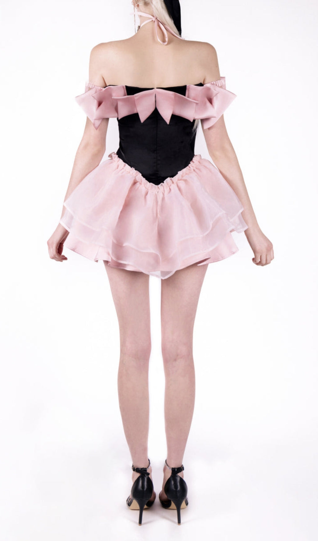 BLACK-PINK BOW RHINESTONE FLARE DRESS