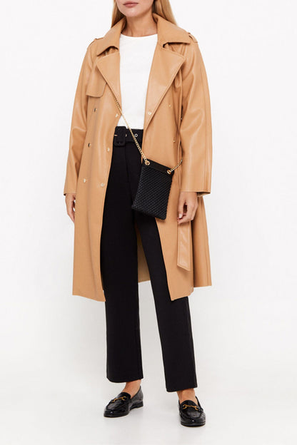 Faux leather double-breasted coat in brown yellow