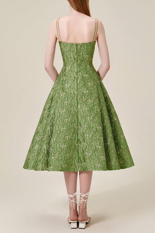 VINTAGE GREEN SUSPENDER JACQUARD MIDI DRESS