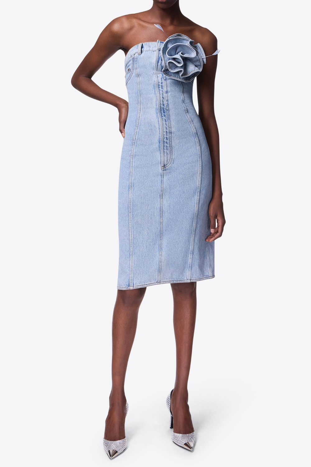 flower corsage strapless midi dress in light wash blue