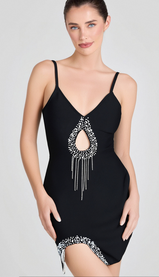 BLACK DIAMOND EMBELLISHED BANDGE MINI DRESS