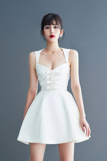 ALYSSA BOW SATIN MINI DRESS IN WHITE