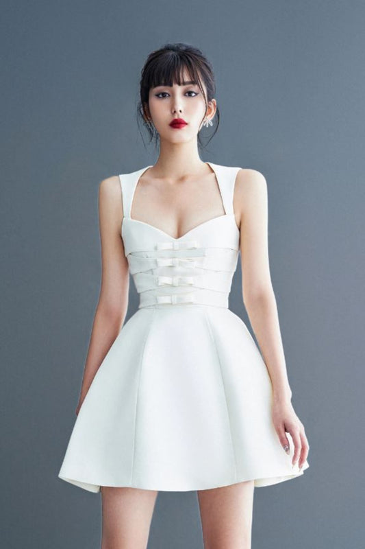 ALYSSA BOW SATIN MINI DRESS IN WHITE