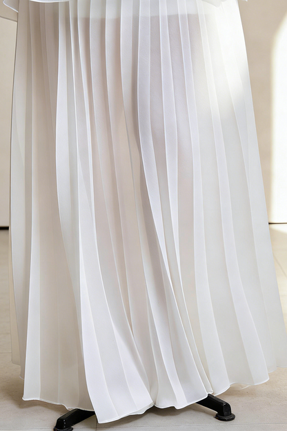 White Strapless Rose Applique Tiered Pleated Maxi Dress