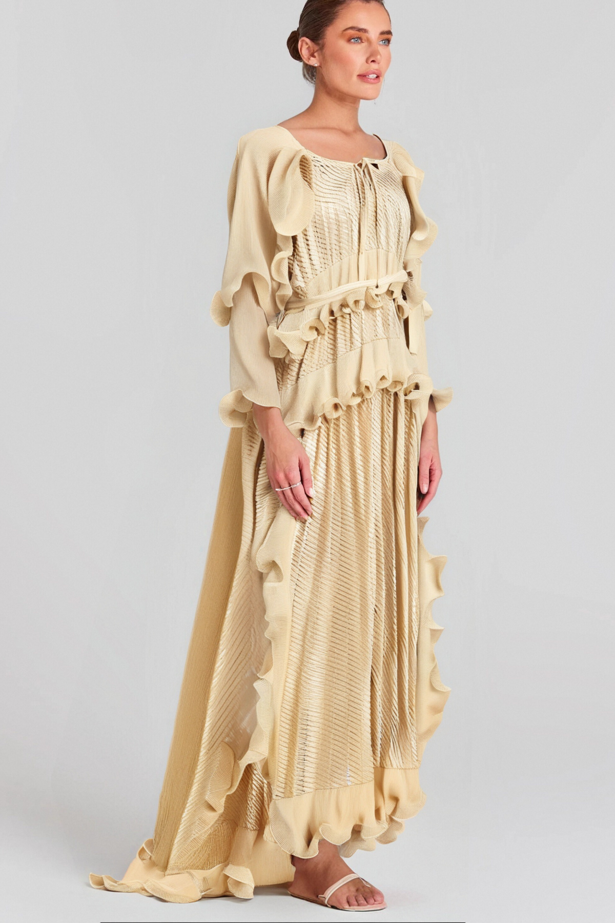 Ellie neutrals gilded ruffled midi dress