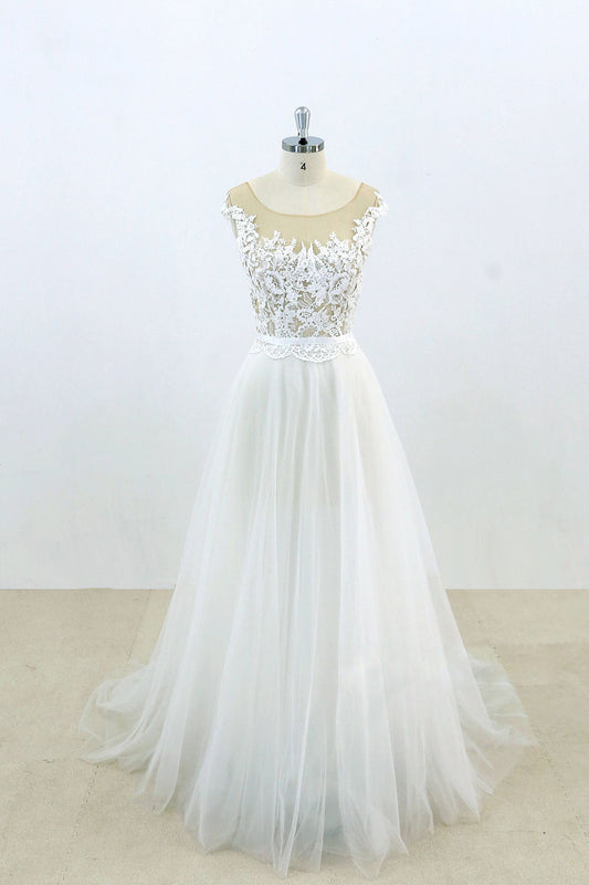 White lace tulle prom dress