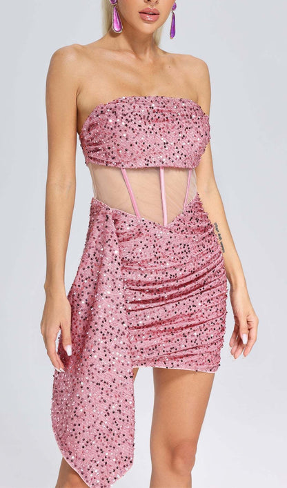 SEQUIN MESH RUCHED MINI DRESS