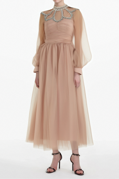 Calixte pink embellished tulle midi dress