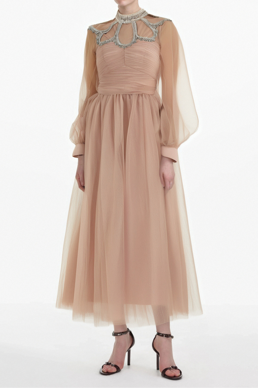 Calixte pink embellished tulle midi dress