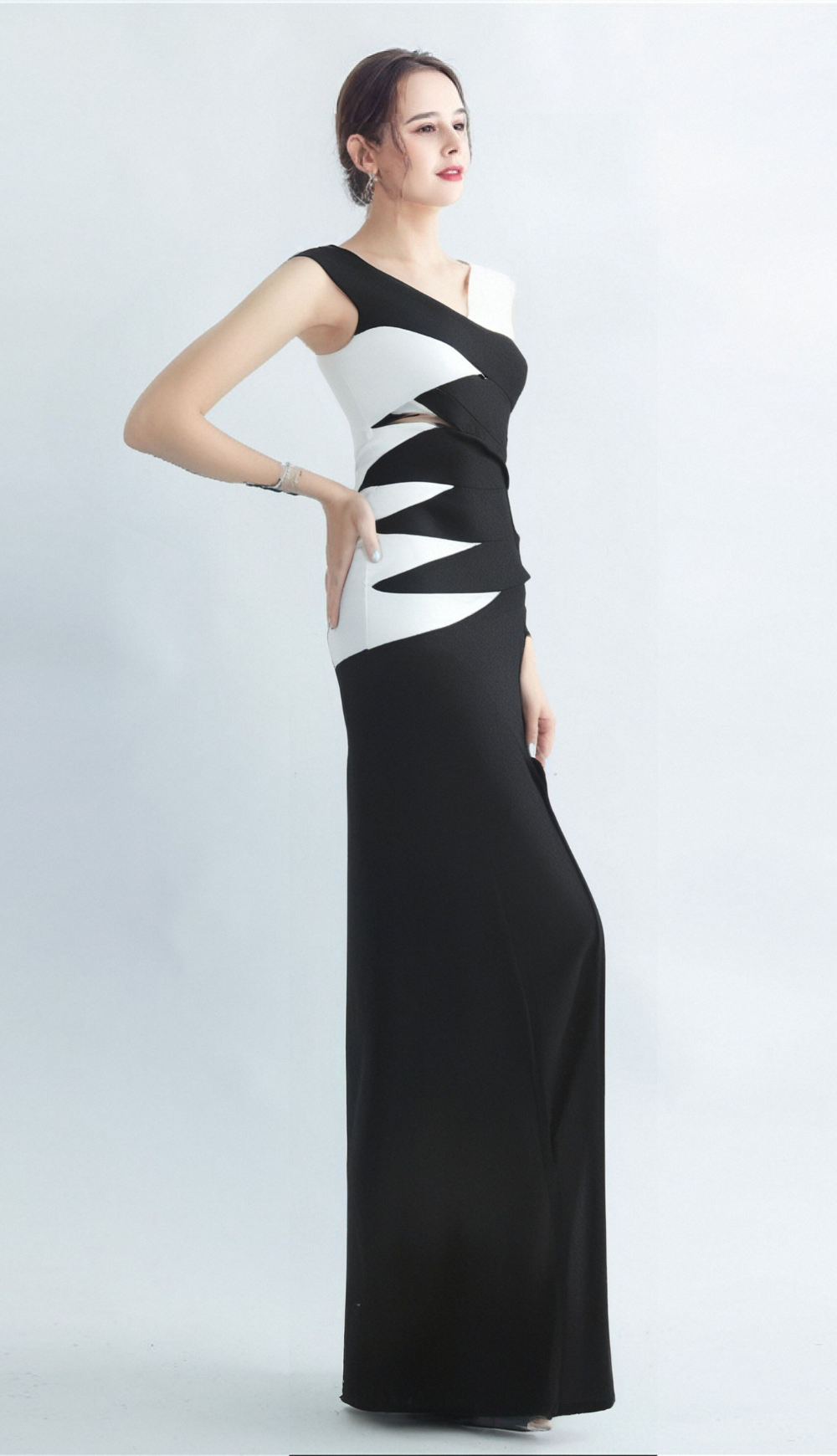KORINA OFF SHOULDER CUTOUT HIGHSLIT DRESS IN BLACK