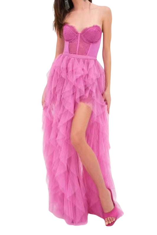 PINK STRAPLESS LACE PATCHWORK MESH MAXI DRESS