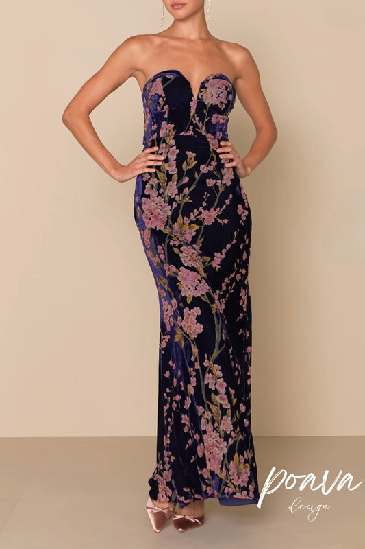 Navy Blue Floral Print Velvet Strapless Maxi Dress