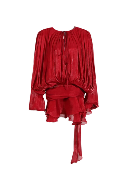 hermosa Balloon Sleeve Ruch Ruffle Mini Dress In Red
