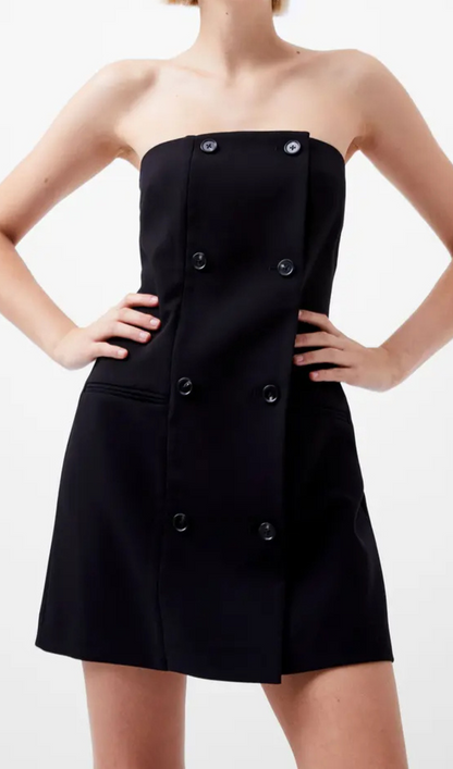 Double Breasted Strapless Twill Mini dress in black