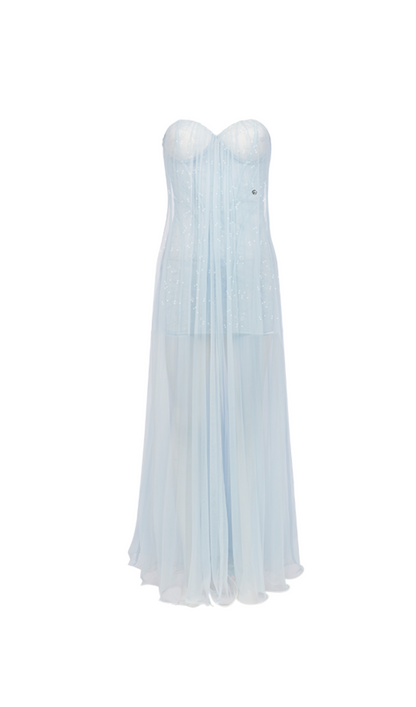 Thea Strapless Mesh Backless maxi Dress in light blue
