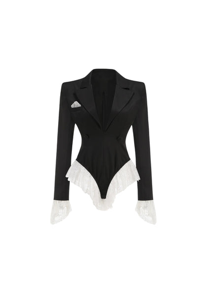 v-neck lace-embellished jumpsuit blazer in black