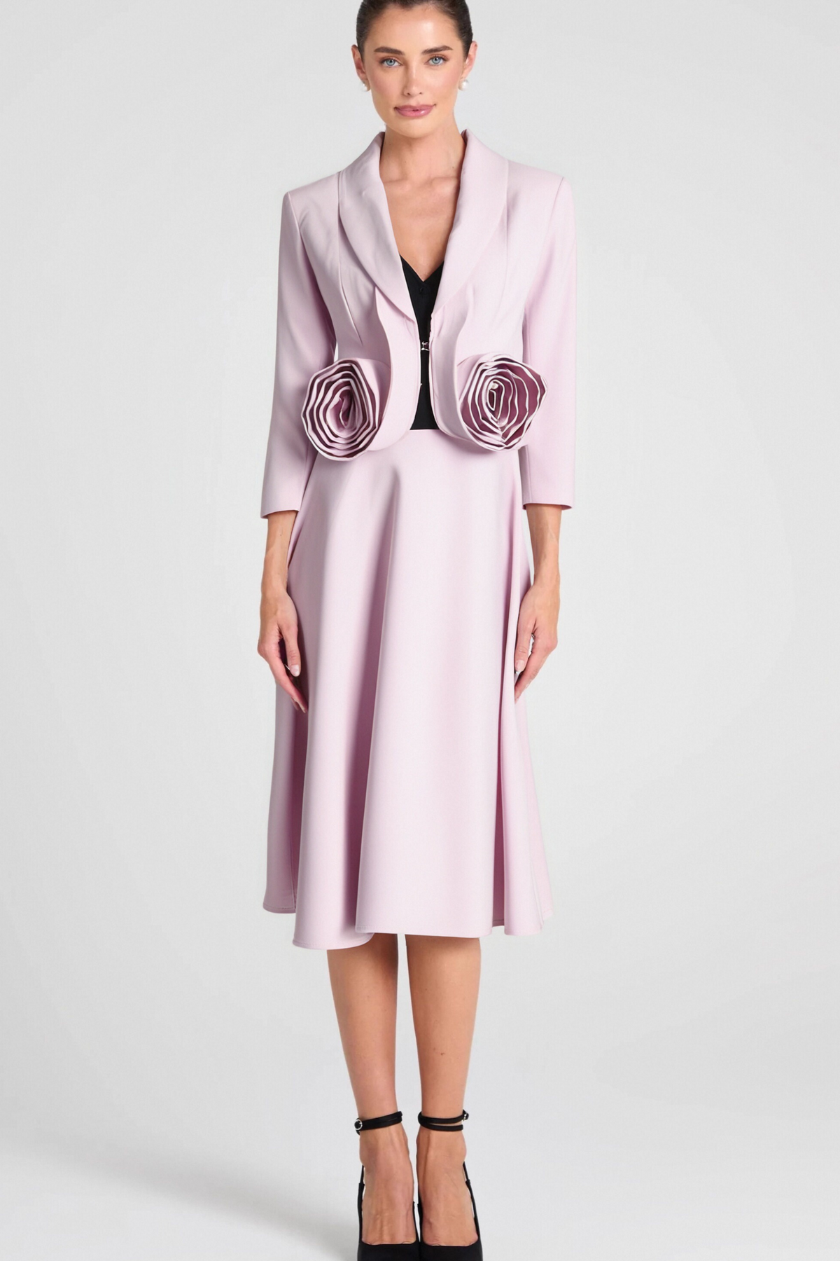 CAROL PINK 3D FLORAL BLAZER ＆ HIGH WAIST MIDI SKIRT SET