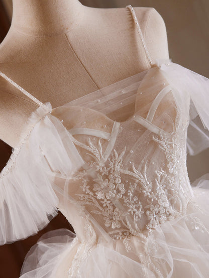 Ball Gown Tulle Lace Light Champagne mini Dress with Beads