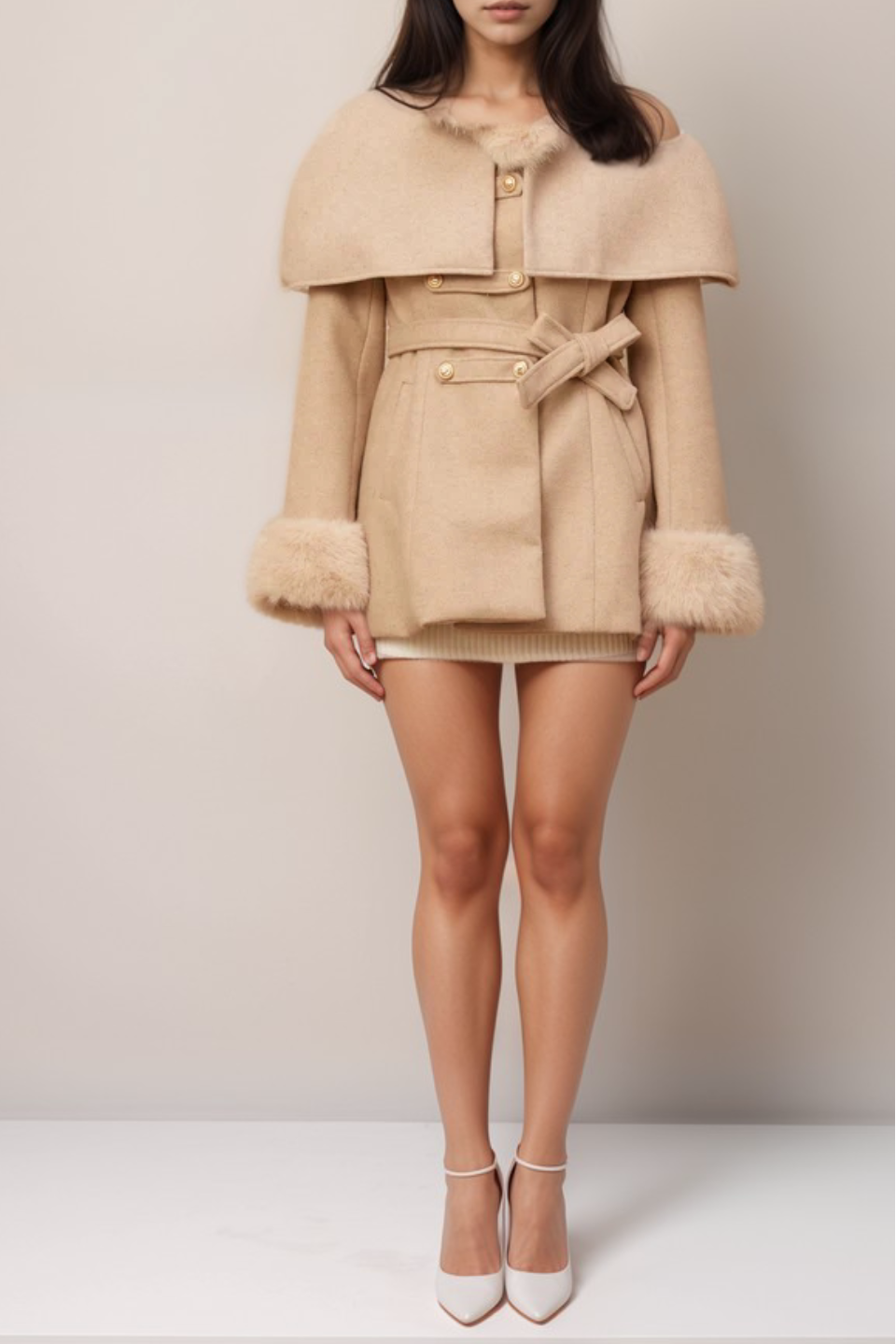 Rosella detachable-cape faux-fur coat