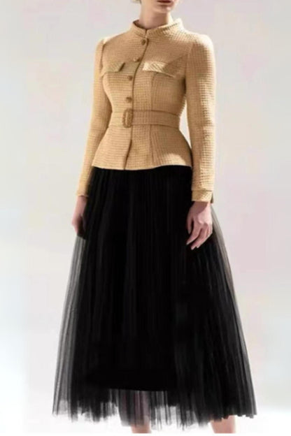 TWEED SHORT COAT MESH SKIRT SUIT