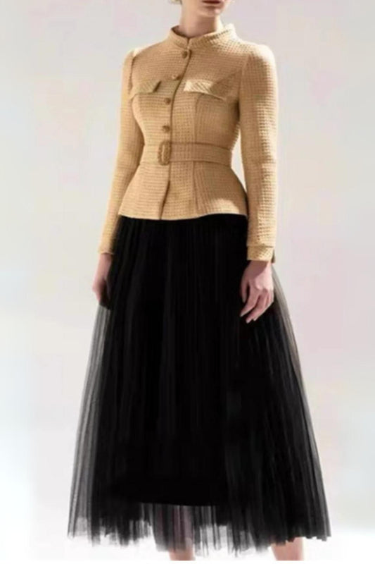 TWEED SHORT COAT MESH SKIRT SUIT