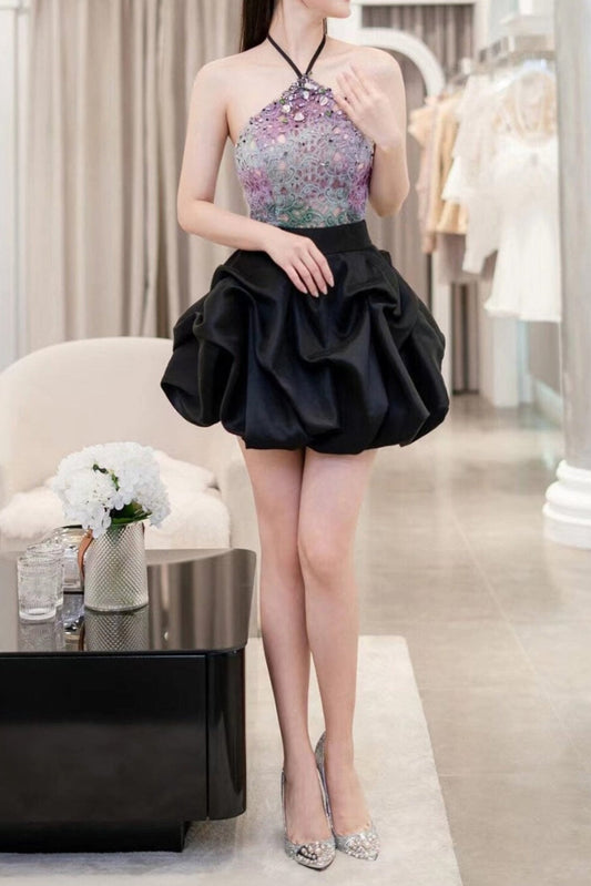 HANGING NECK BUD MINI DRESS IN OMBRE PURPLE