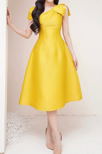 Yellow Asymmetrical Bow Satin Midi Party Dress