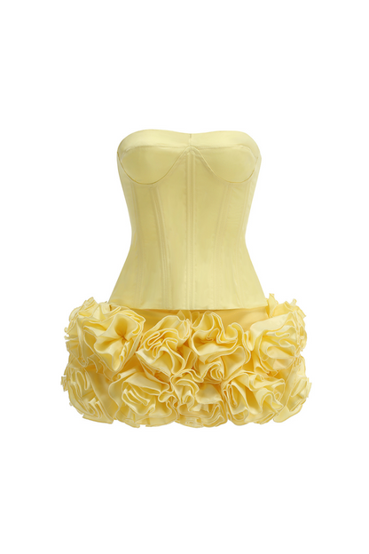 amy flower embellished mini skirt corset set in yellow