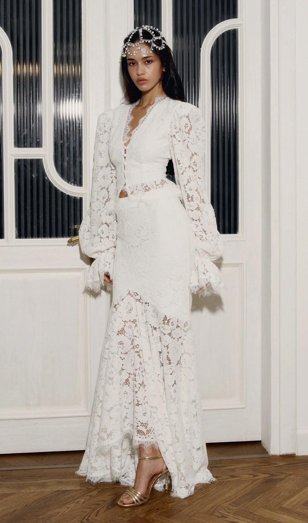 emily Lace Trimmed Puff Sleeved Top & Fishtail Skirt Set in white