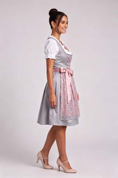 silver-grey satin-finish polyester fit-and-flare dirndl set