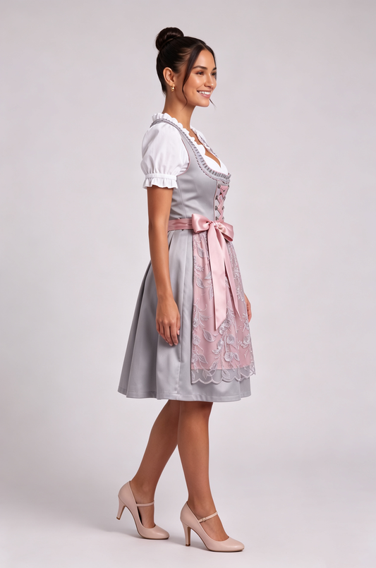 silver-grey satin-finish polyester fit-and-flare dirndl set