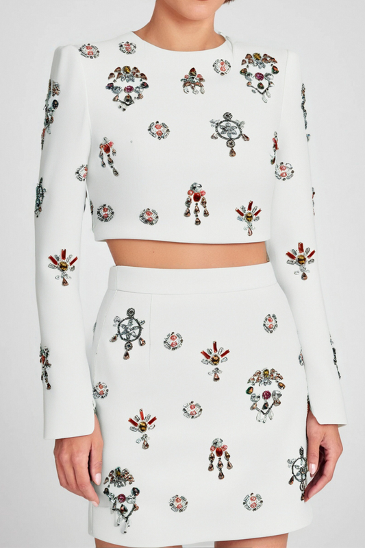 WHITE RHINESTONE EMBELLISHED SKIRT SET