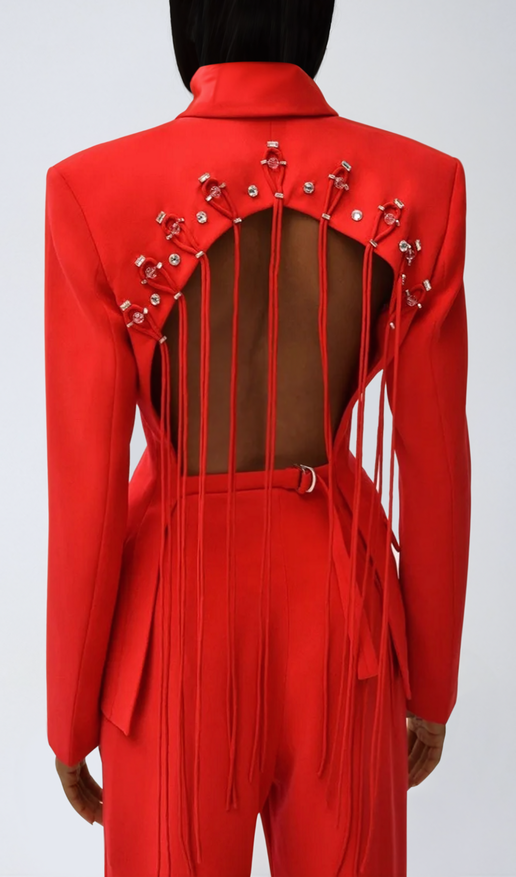 Vienna Cutout Fringe Backless Blazer In Red