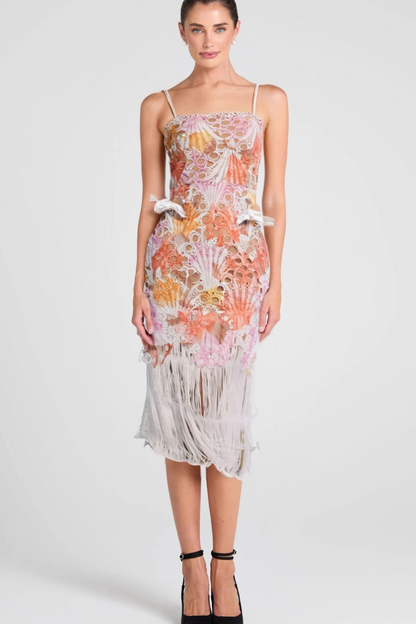 MULTICOLOR EMBROIDERED HOLLOW FRINGE MIDI DRESS
