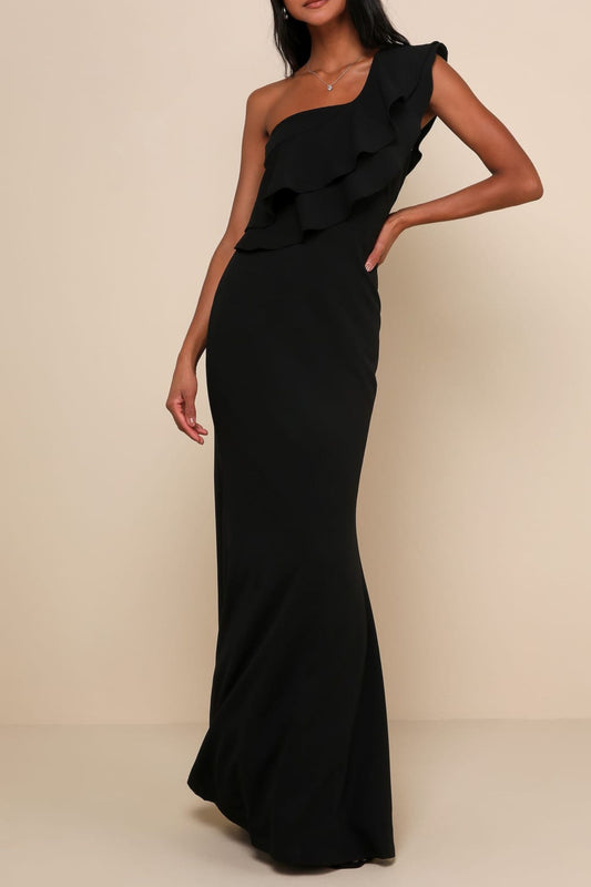 Black Ruffled One-Shoulder Maxi Dress