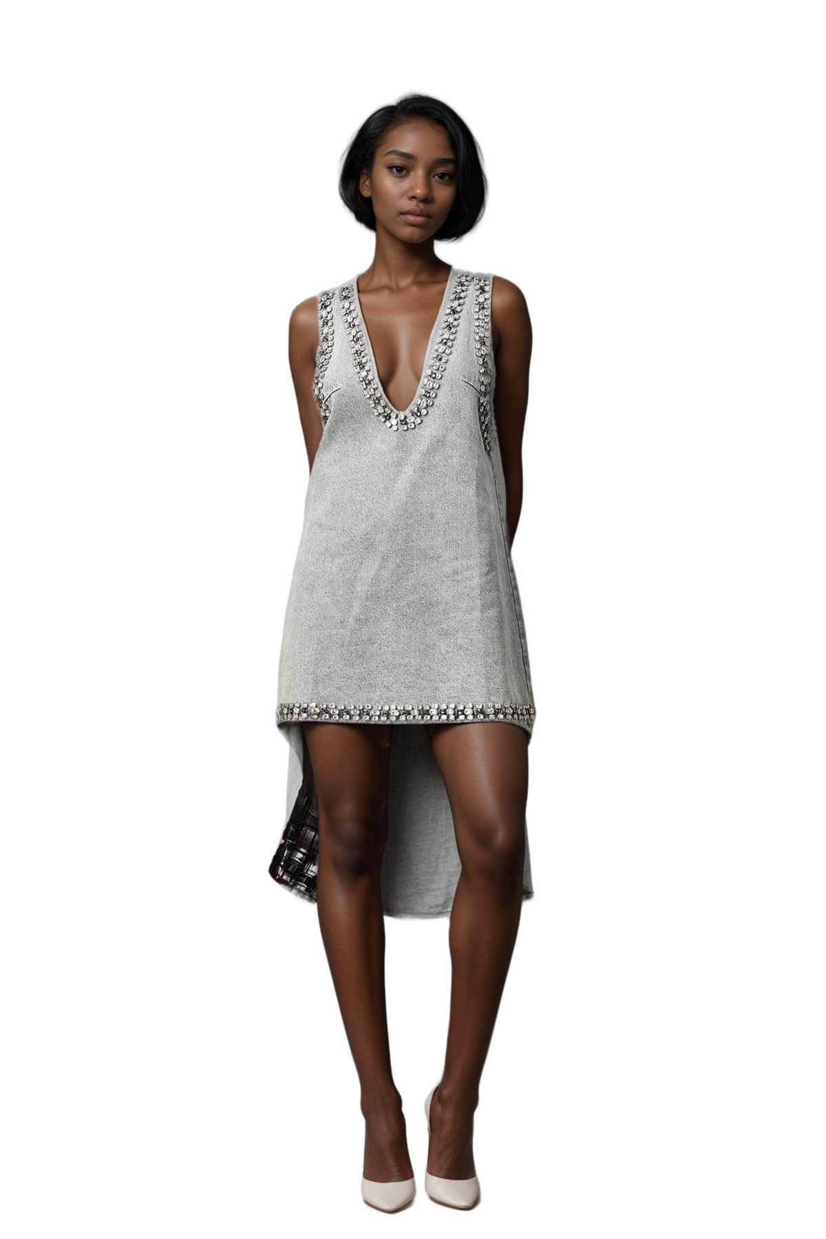 Daphné blue crystal sleeveless denim mini dress