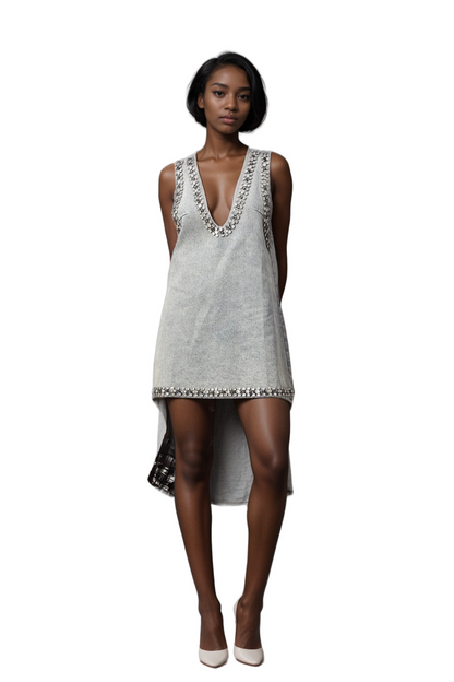 Daphné blue crystal sleeveless denim mini dress
