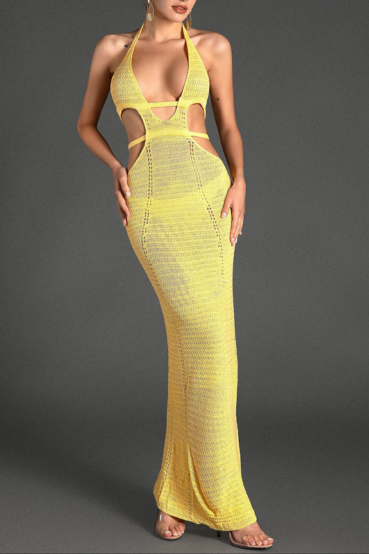 BIRIDI HALTER SHEER KNIT DRESS IN YELLOW