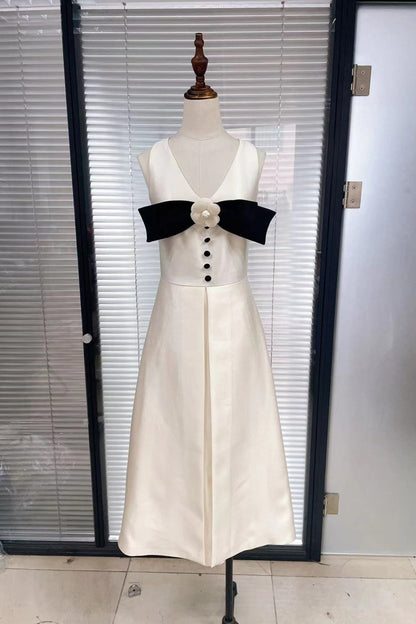 flower embellished bow midi dress in white