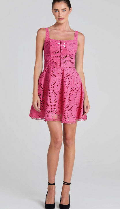 EMBROIDERED HOLLOW MINI DRESS IN HOT PINK