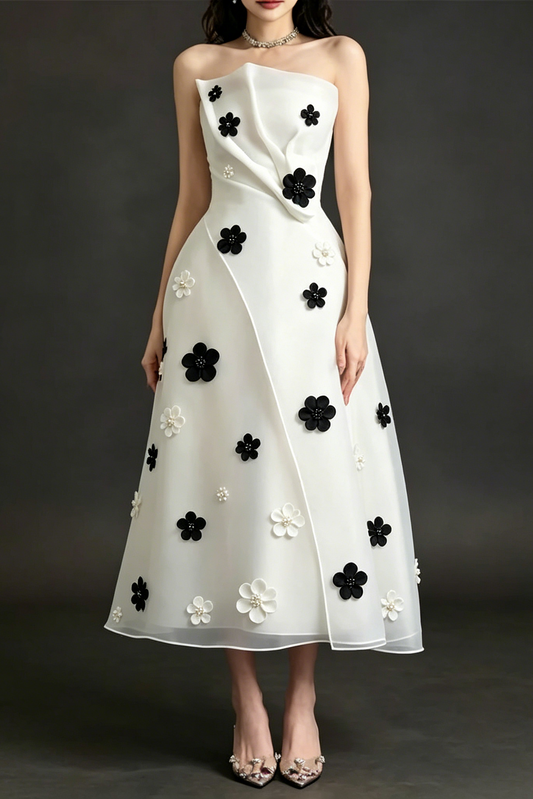 Draped Strapless 3D Floral Organza Midi Dress