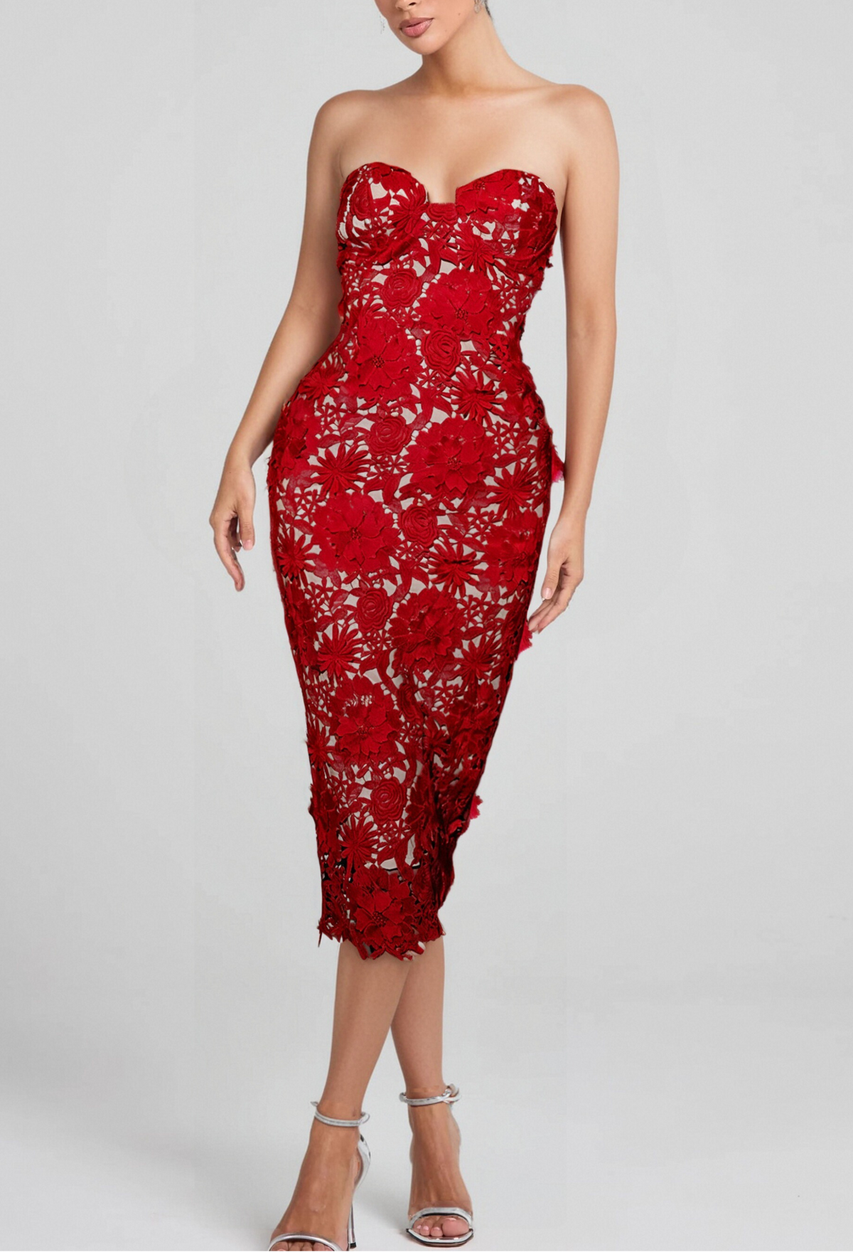 FLORAL EMBROIDERED MIDI DRESS IN RED