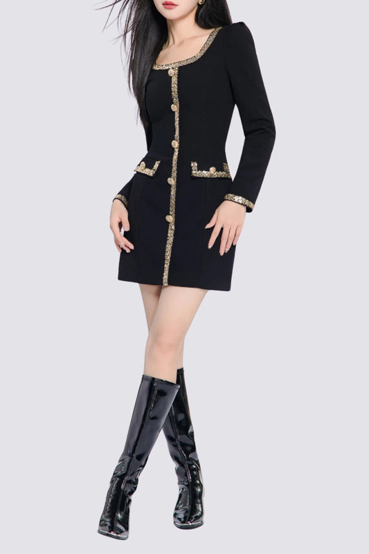 GOLD TRIM LONG SLEEVE MINI DRESS IN BLACK