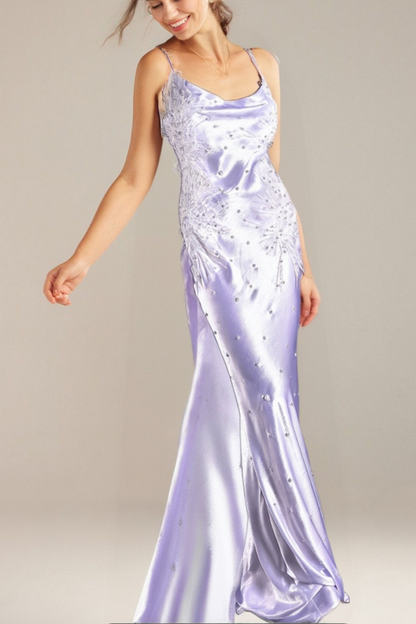 WHITE ALANIDES BEAD APPLIQUE SATIN DRESS