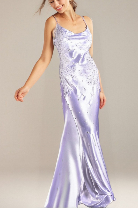 WHITE ALANIDES BEAD APPLIQUE SATIN DRESS